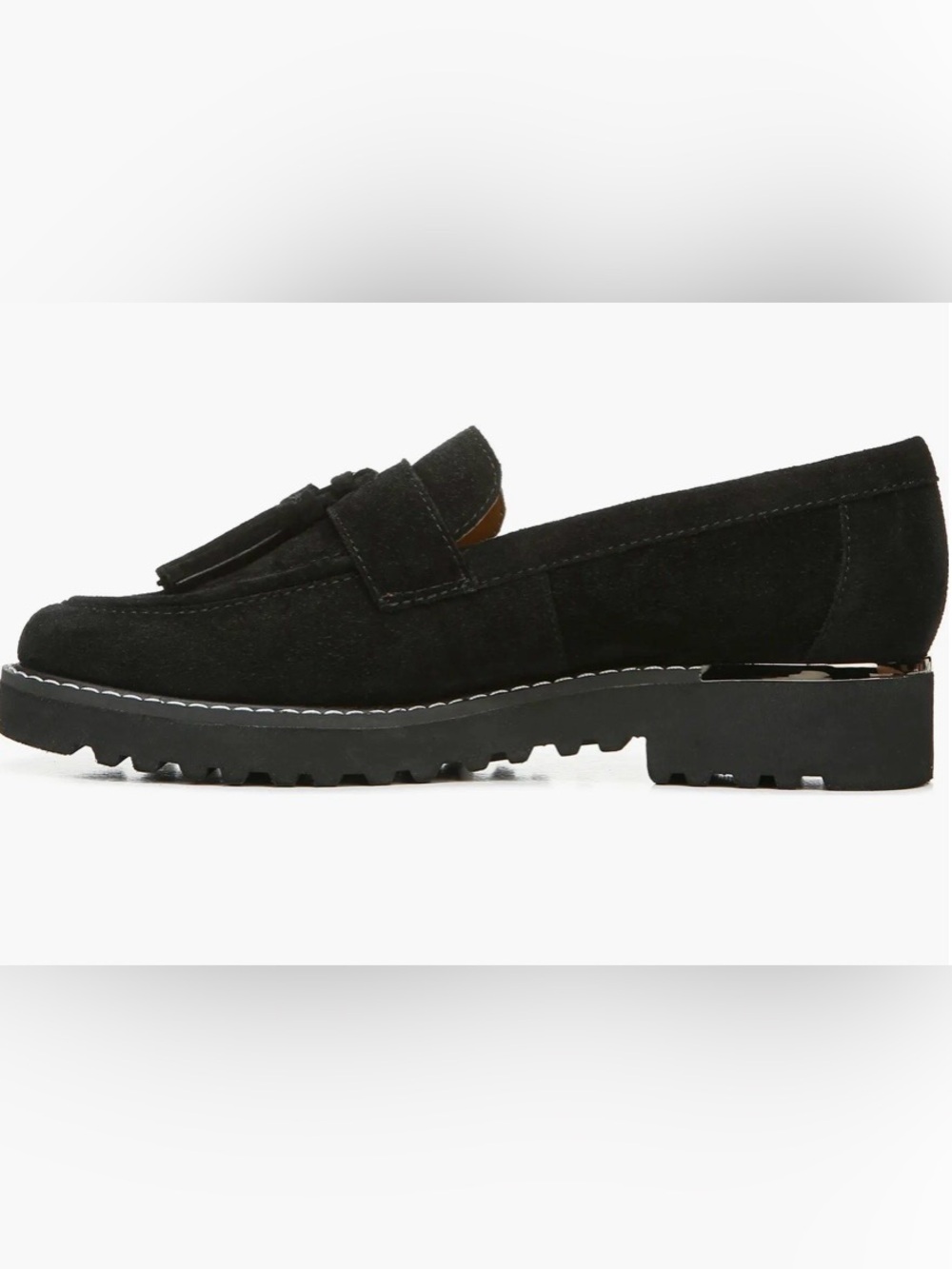 Franco Sarto Carolynn Black Suede Lug Sole Tassel Loafer Silver Trim Size 10 New